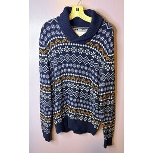 Sun + Stone Men Medium Fair Isle Sweater Navy  Mock Neck Winter Knit Retro Style